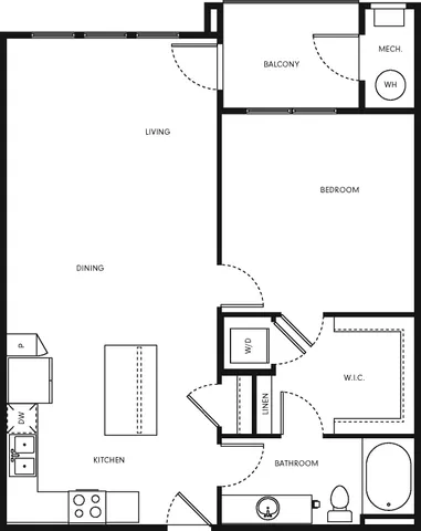 Modern 1-bedroom apartment floor plan with open living and dining area, spacious kitchen, large walk-in closet, and private balcony.