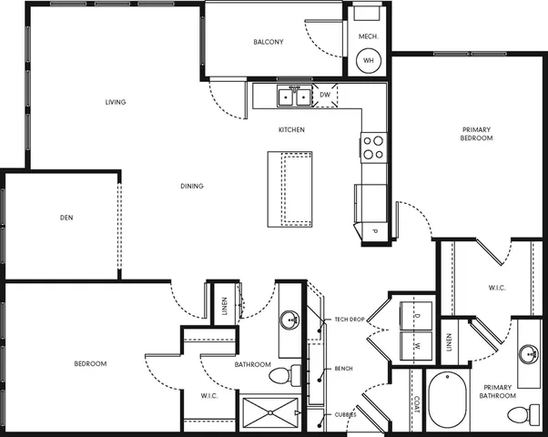 Modern floor plan showcasing 2 bedrooms and a den, spacious open living and dining area, stylish kitchen with island, and a private balcony.
