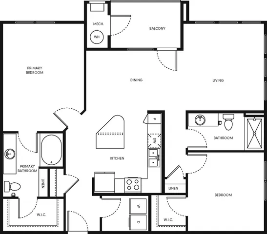 Inviting floor plan highlighting 2 bedrooms, airy living space, modern kitchen, and private balcony.