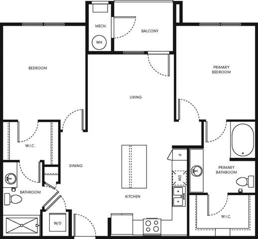 Contemporary floor plan with two spacious bedrooms, a primary suite, open living area, modern kitchen with island, and a private balcony.