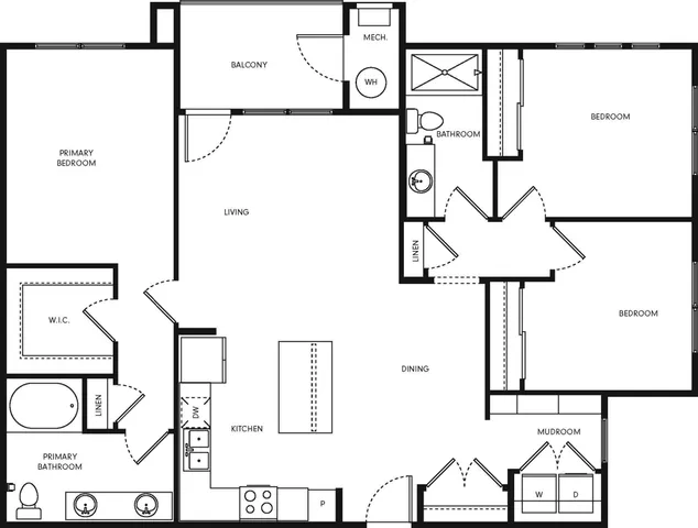 Modern floor plan depicting 3 spacious bedrooms, an open living area with a balcony, and a sleek kitchen design.