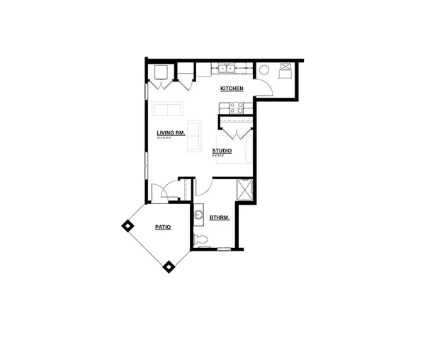Modern floor plan showcasing an open-concept living room, spacious kitchen, cozy studio, stylish bathroom, and inviting patio.