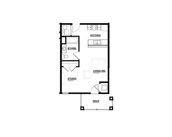 Modern studio apartment floor plan with open kitchen, living room, and a cozy deck.