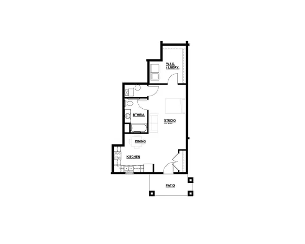 Elegant studio floor plan featuring a spacious kitchen, dining area, bathroom, and walk-in closet with laundry. Includes a charming patio for outdoor enjoyment.