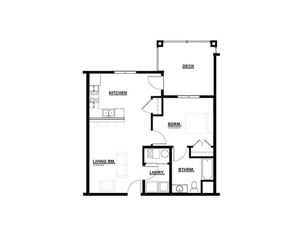 Elegant floor plan showcasing a modern 1-bedroom apartment with spacious living room, well-equipped kitchen, cozy bathroom, laundry room, and inviting deck area.