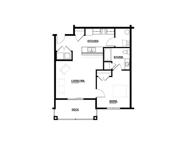 Inviting 2D floor plan showcasing 1 bedroom, an open living room, a modern kitchen, bathroom, and sunlit deck.