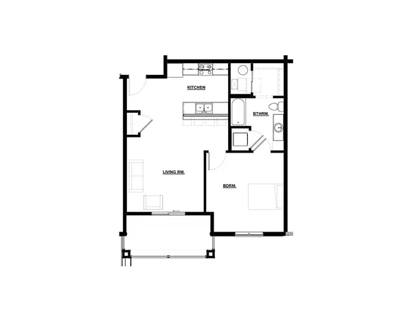 Modern 1-bedroom apartment floor plan featuring an open-concept kitchen and living room, spacious bathroom, and sleek design.