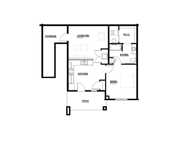 Modern floor plan with 1 bedroom, open kitchen, spacious living room, and inviting patio.