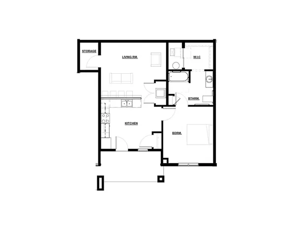 Modern 1-bedroom floor plan featuring an open-concept kitchen, spacious living room, walk-in closet, and dedicated storage space.