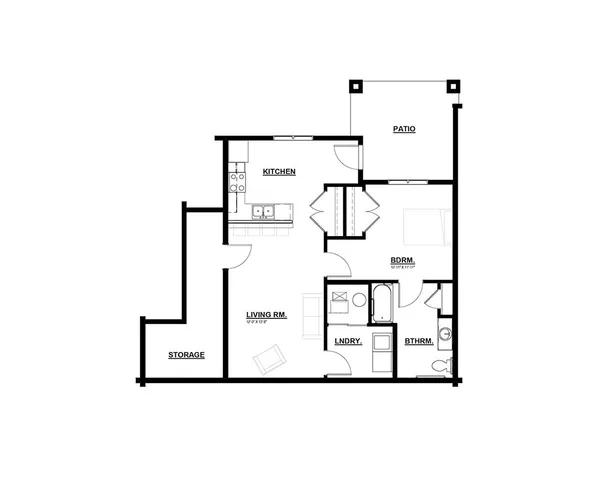 Modern 2D floor plan showcasing 1 bedroom, open kitchen, cozy living room, bathroom, patio, and convenient laundry room.