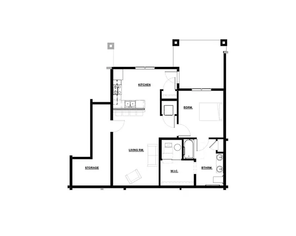 Modern floor plan showcasing a spacious one-bedroom apartment, featuring an open-concept kitchen and living room, ample storage, and elegant bathroom facilities.