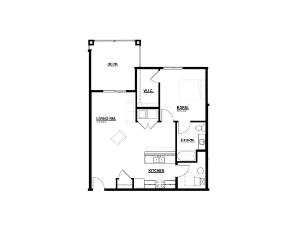 Chic 1-bedroom floor plan featuring an open kitchen, inviting living room, and spacious deck.