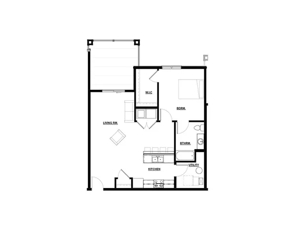 Modern 1-bedroom floor plan featuring a spacious living room, walk-in closet, and a well-equipped kitchen.