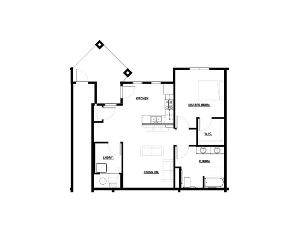 Modern floor plan showcasing a spacious master bedroom, convenient kitchen, cozy living room, and luxurious bathroom with W.I.C.