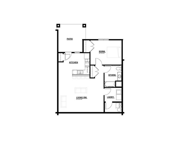 Chic floor plan showcasing an inviting open-concept living room with a well-equipped kitchen, cozy bedroom, stylish bathroom, and convenient laundry area, leading to a private patio.