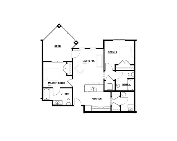 Modern 2D floor plan showcasing a spacious layout with 2 bedrooms, stylish living room, open kitchen, and private deck.