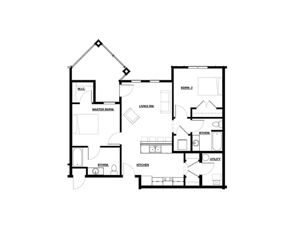 Elegant floor plan featuring 2 bedrooms, spacious living room, modern kitchen, walk-in closet, and utility room.