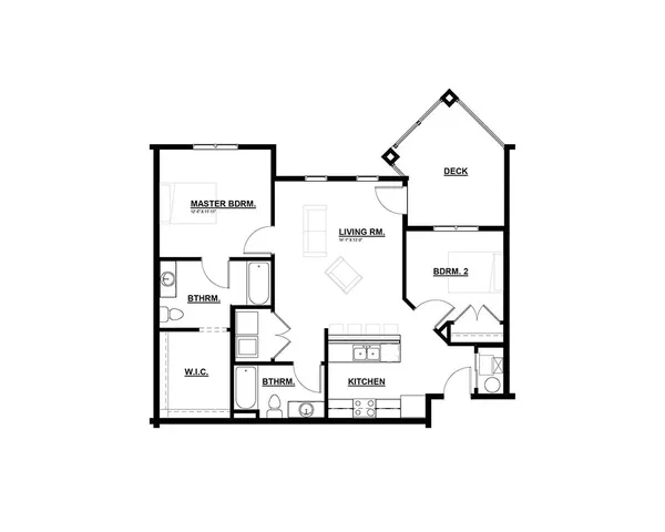 Elegant floor plan showcasing 2 bedrooms, an open-concept living room, modern kitchen, and a private deck.