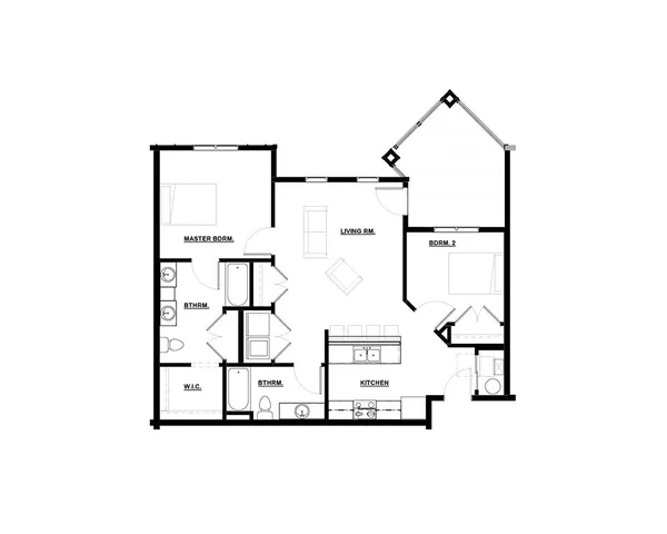 Modern floor plan showcasing 2 bedrooms, a spacious living area, and a well-designed kitchen.