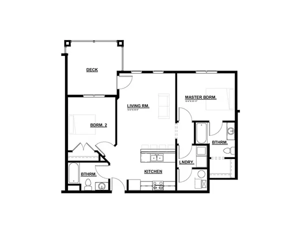 Inviting 2D floor plan showcasing 2 bedrooms, bright living room, modern kitchen, and a spacious deck.