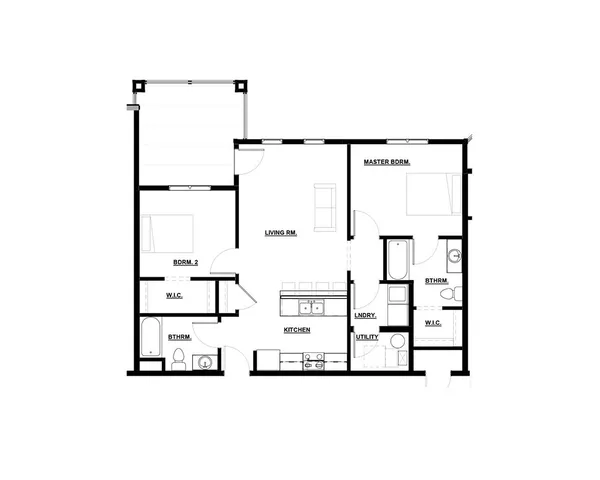 Modern 2D floor plan featuring 2 spacious bedrooms, open living area, sleek kitchen, and convenient utility space.