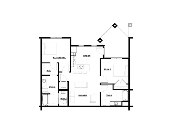 Elegant floor plan featuring a master bedroom with walk-in closet, a second bedroom, and an open-concept kitchen-living area. Includes two bathrooms and utility space.