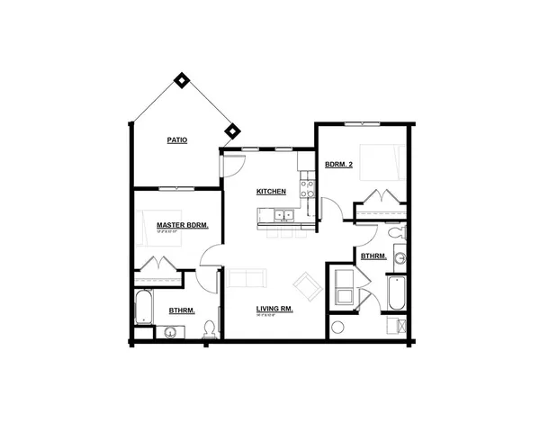 Modern floor plan with 2 bedrooms, stylish kitchen, and a spacious living room opening to a patio, ideal for comfortable living.
