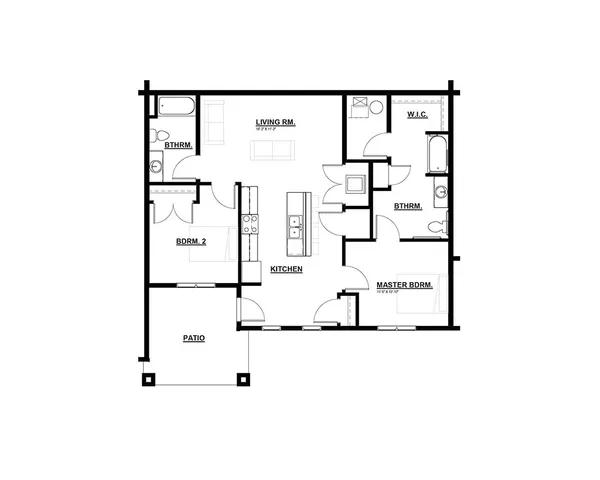 Modern floor plan showcasing 2 bedrooms, 2 bathrooms, open living room, sleek kitchen, and inviting patio.