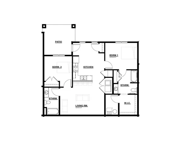 Modern floor plan featuring 2 bedrooms, spacious living room, and an inviting kitchen next to a cozy patio.