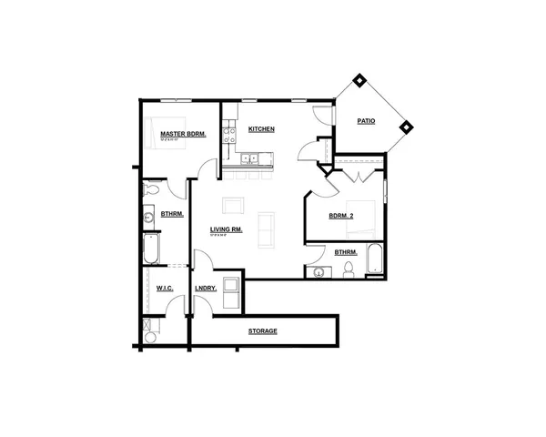 Elegant 2D floor plan showcasing 2 spacious bedrooms, modern kitchen, cozy living room, and expansive patio, ideal for comfortable living.