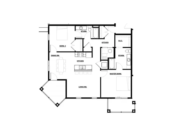 Modern floor plan showcasing 2 bedrooms, open kitchen-dining area, spacious living room, and two stylish bathrooms.