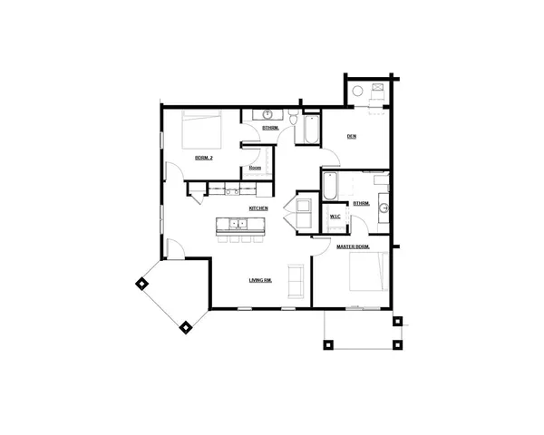 Modern floor plan showcasing 2 bedrooms, an inviting living room, a stylish kitchen, and a versatile den. Ideal for comfortable living.