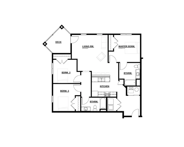 Modern floor plan showcasing 3 bedrooms, an expansive living room, stylish kitchen, and inviting deck for seamless indoor-outdoor living.