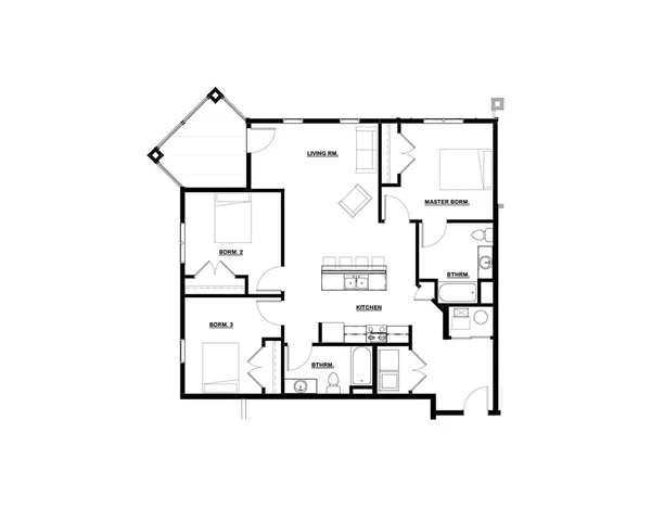 Inviting 3-bedroom apartment floor plan featuring a master suite, open kitchen, and expansive living room.