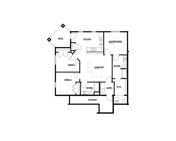 Modern floor plan showcasing 3 bedrooms, cozy living room, fully-equipped kitchen, convenient laundry, and inviting patio space.