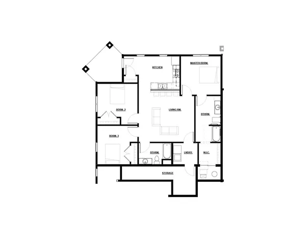 Modern 3-bedroom apartment floor plan showcasing open living room, sleek kitchen, and two elegant bathrooms.