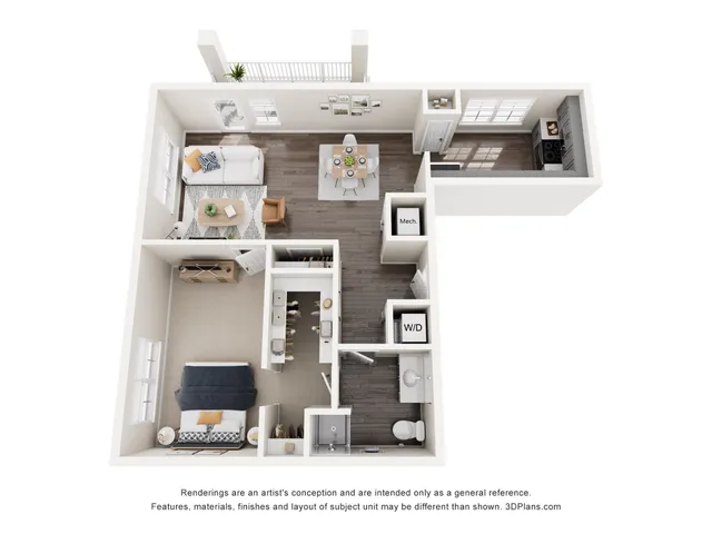Modern 3D floor plan showcasing a cozy 1-bedroom apartment with an open-concept living room, elegant kitchen, and stylish furnishings.