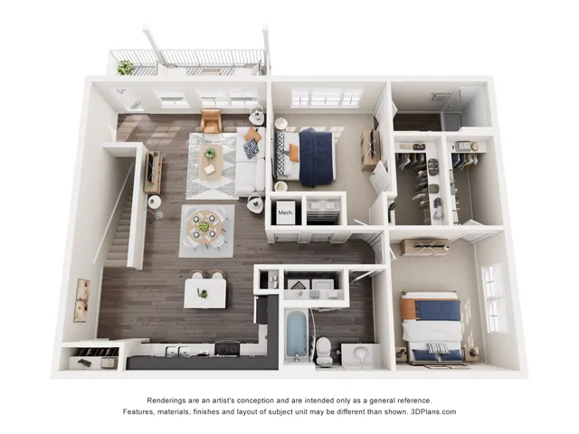 Modern and spacious 3D floor plan featuring two bedrooms, open-concept living and dining area, and stylish kitchen with ample natural light.