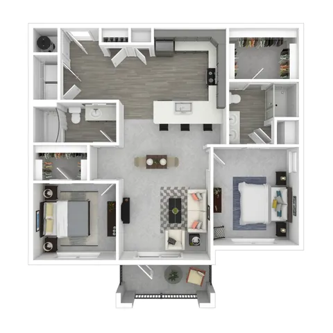 Chic 3D floor plan showcasing 2 bedrooms, modern kitchen with island, and inviting living area with balcony access.