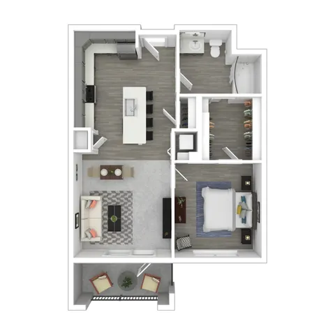 Chic apartment floor plan showcasing an open-concept layout with spacious kitchen, inviting living area, cozy bedroom, and a private balcony.