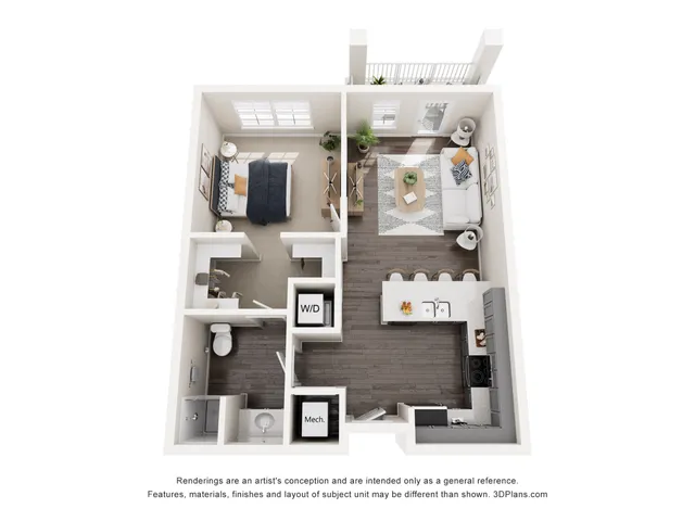 Modern 3D floor plan showcasing a cozy one-bedroom apartment with an open-concept living area, stylish kitchen, and private balcony.