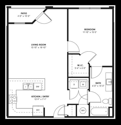 Modern apartment floor plan featuring a spacious living room, open kitchen with entry, a large bedroom, walk-in closet, full bathroom, and inviting patio.
