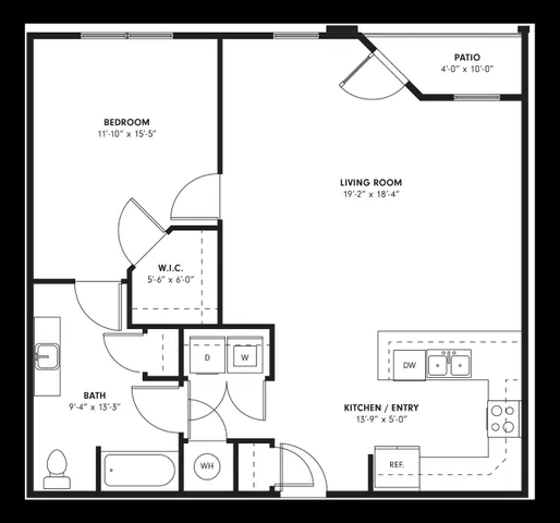 Modern floor plan with spacious living room, stylish kitchen entry, cozy bedroom, luxurious bath, and charming patio.