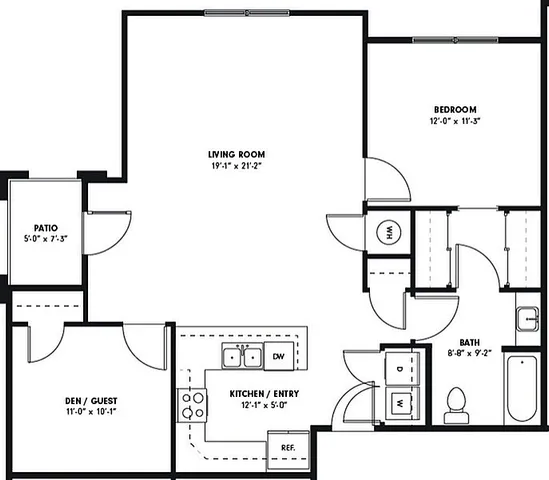 Modern floor plan featuring a spacious living room, one bedroom, a versatile den/guest room, a well-equipped kitchen, and a cozy patio.