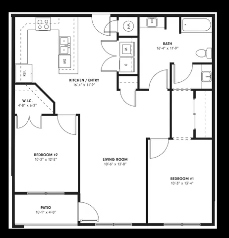 Modern floor plan featuring 2 bedrooms, inviting living room, spacious kitchen with entry, and private patio.