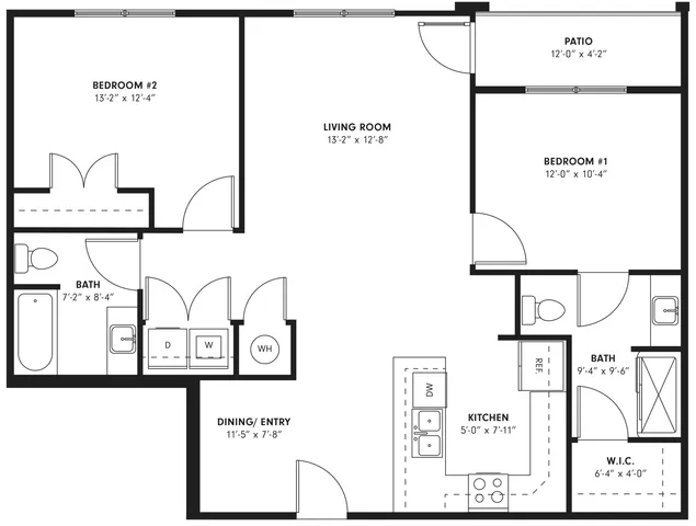 Modern apartment floor plan showcasing 2 spacious bedrooms, elegant living room, sleek kitchen, 2 luxurious bathrooms, and a cozy patio.