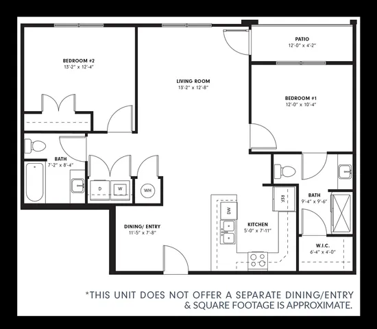 Spacious 2D floor plan featuring 2 bedrooms, a cozy living room, versatile kitchen, two baths, and a private patio.