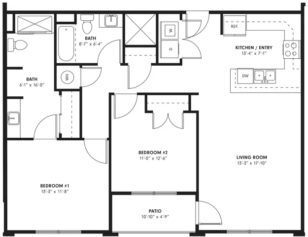 Chic floor plan highlighting 2 bedrooms, spacious living room, modern kitchen entry, and cozy patio.