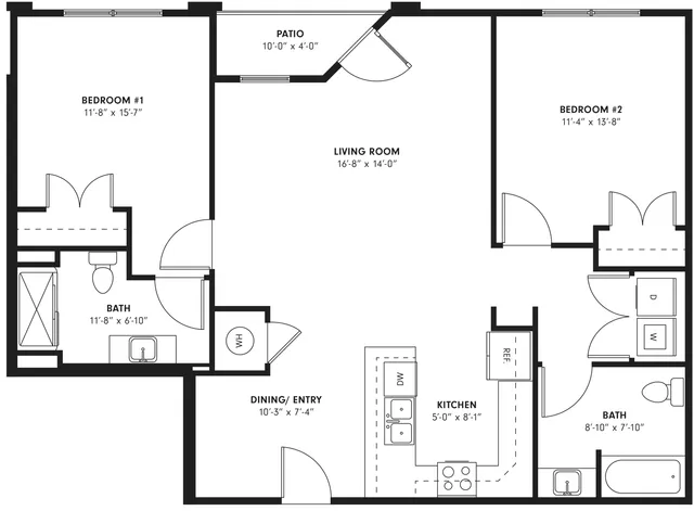 Inviting apartment floor plan with two spacious bedrooms, a bright living room, a modern kitchen, two stylish bathrooms, dining area, and a cozy patio.