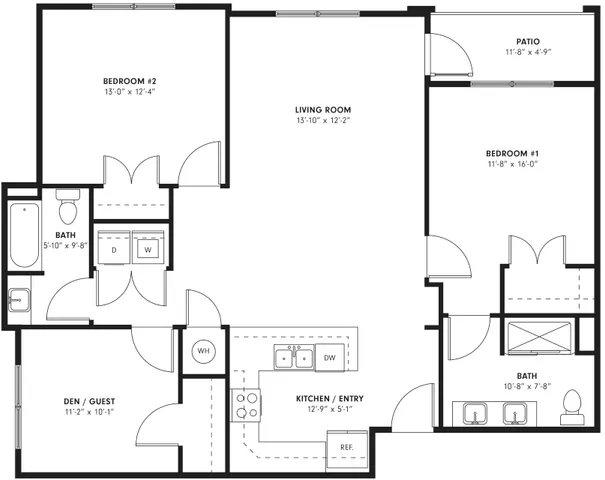 Modern floor plan showcasing 2 bedrooms, spacious living room, functional kitchen, and charming patio. Includes two bathrooms, den/guest area, and conveniently located washer and dryer.